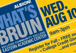 banner reading information on What's Bruin event at KCC in Albion