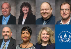 A collage of headshots of KCC Board of Trustees members and the College seal.