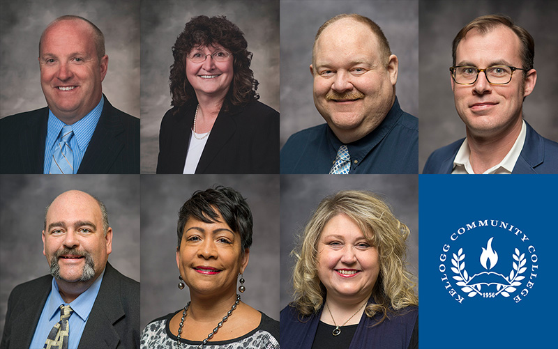 A collage of headshots of KCC Board of Trustees members and the College seal.