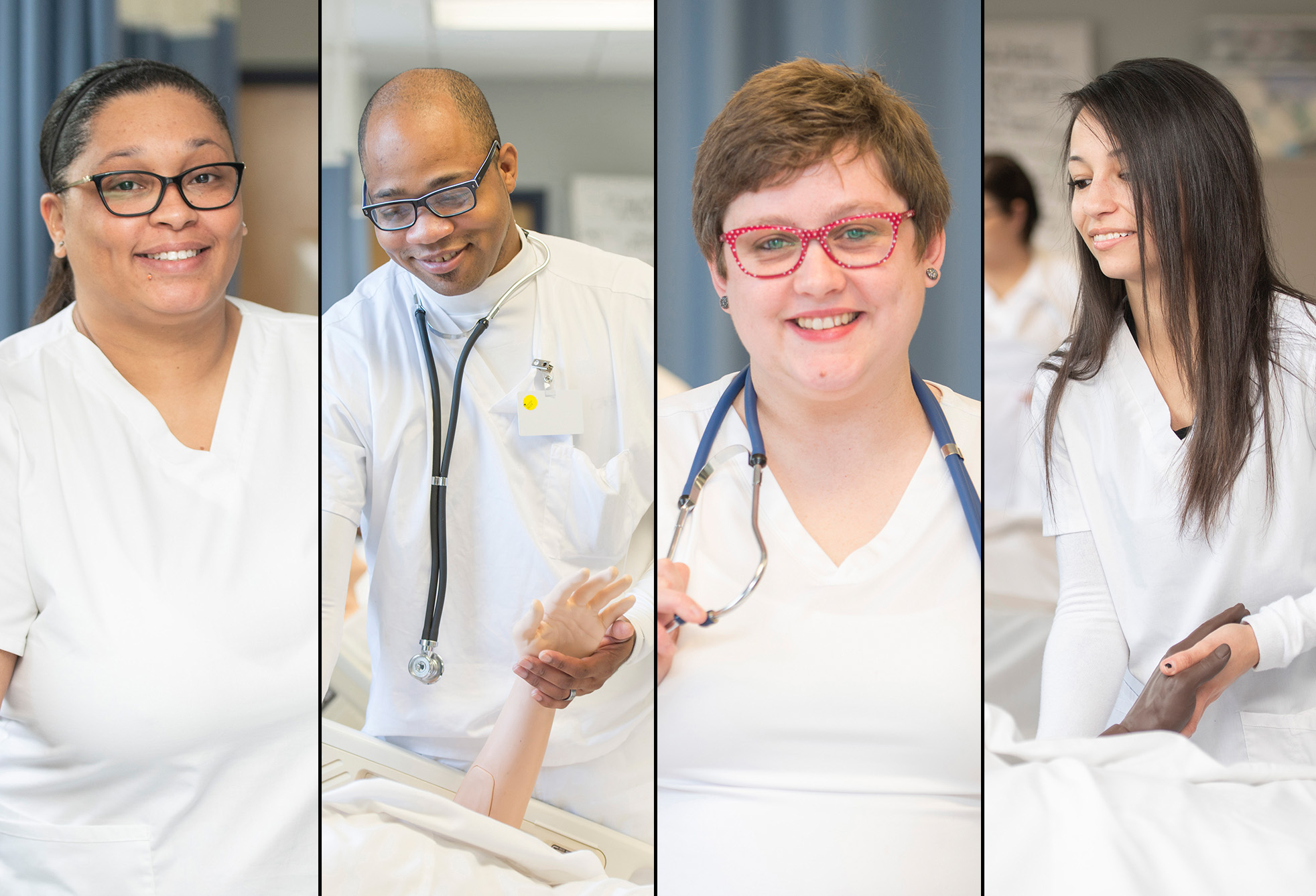 A collage of four photos of CNA students.