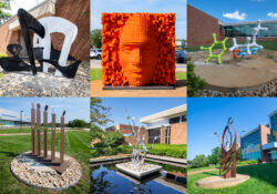 A collage of six sculptures installed on campus.