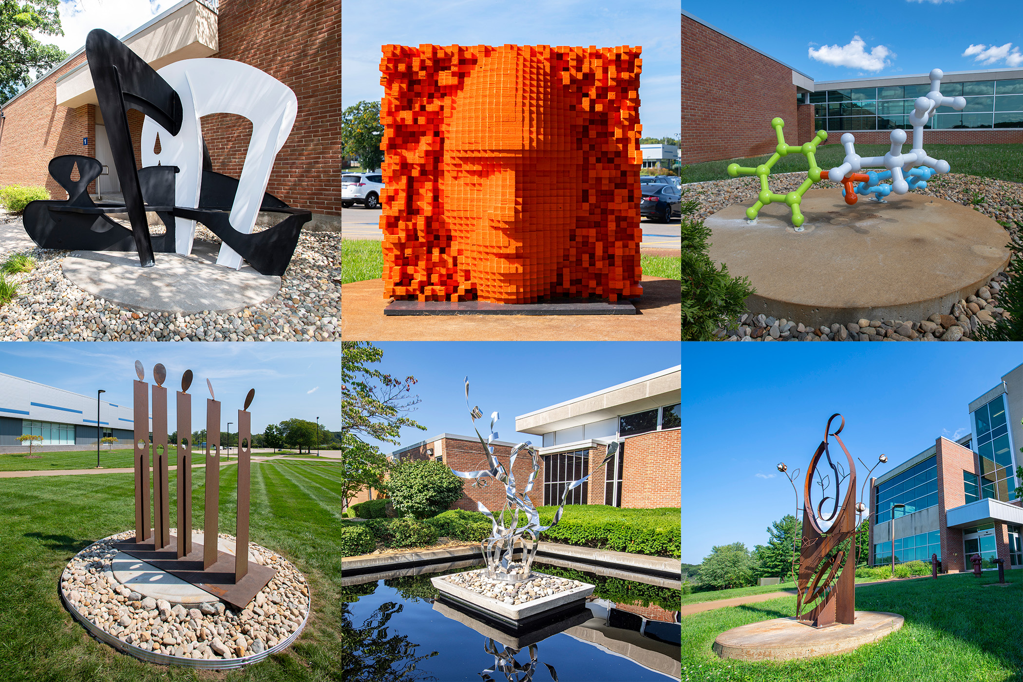 A collage of six sculptures installed on campus.
