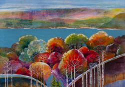 A colorful landscape painting of trees with lake in the background.