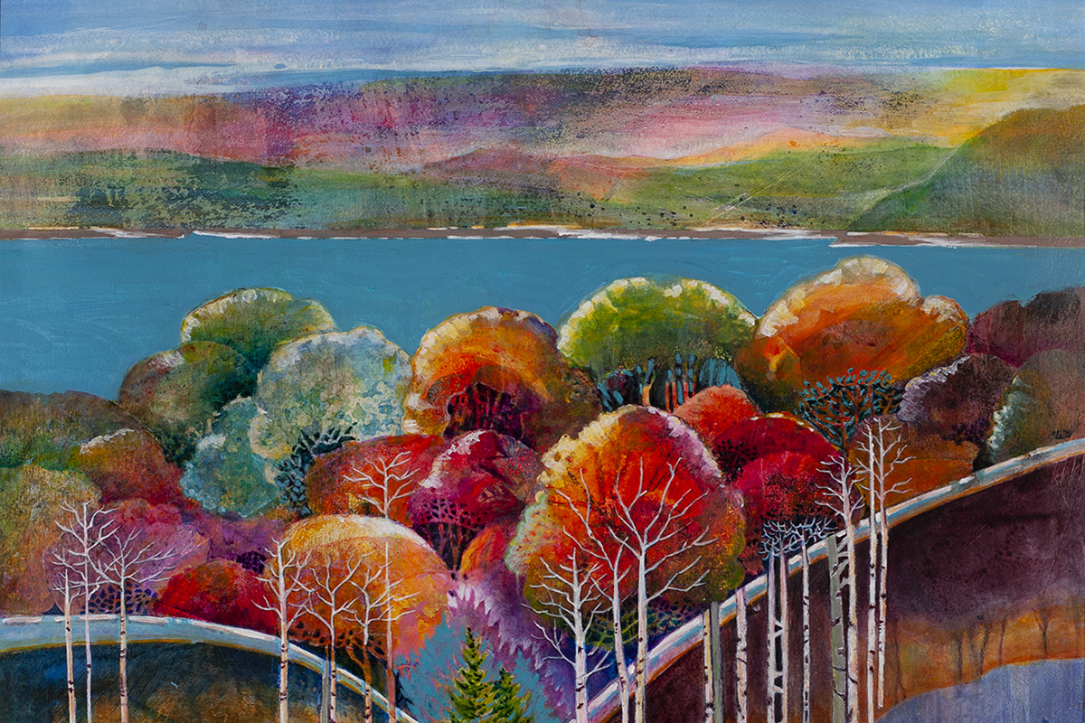 A colorful landscape painting of trees with lake in the background.