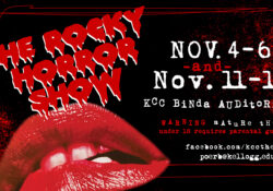 A text slide featuring large red lips and "The Rocky Horror Show" logo.