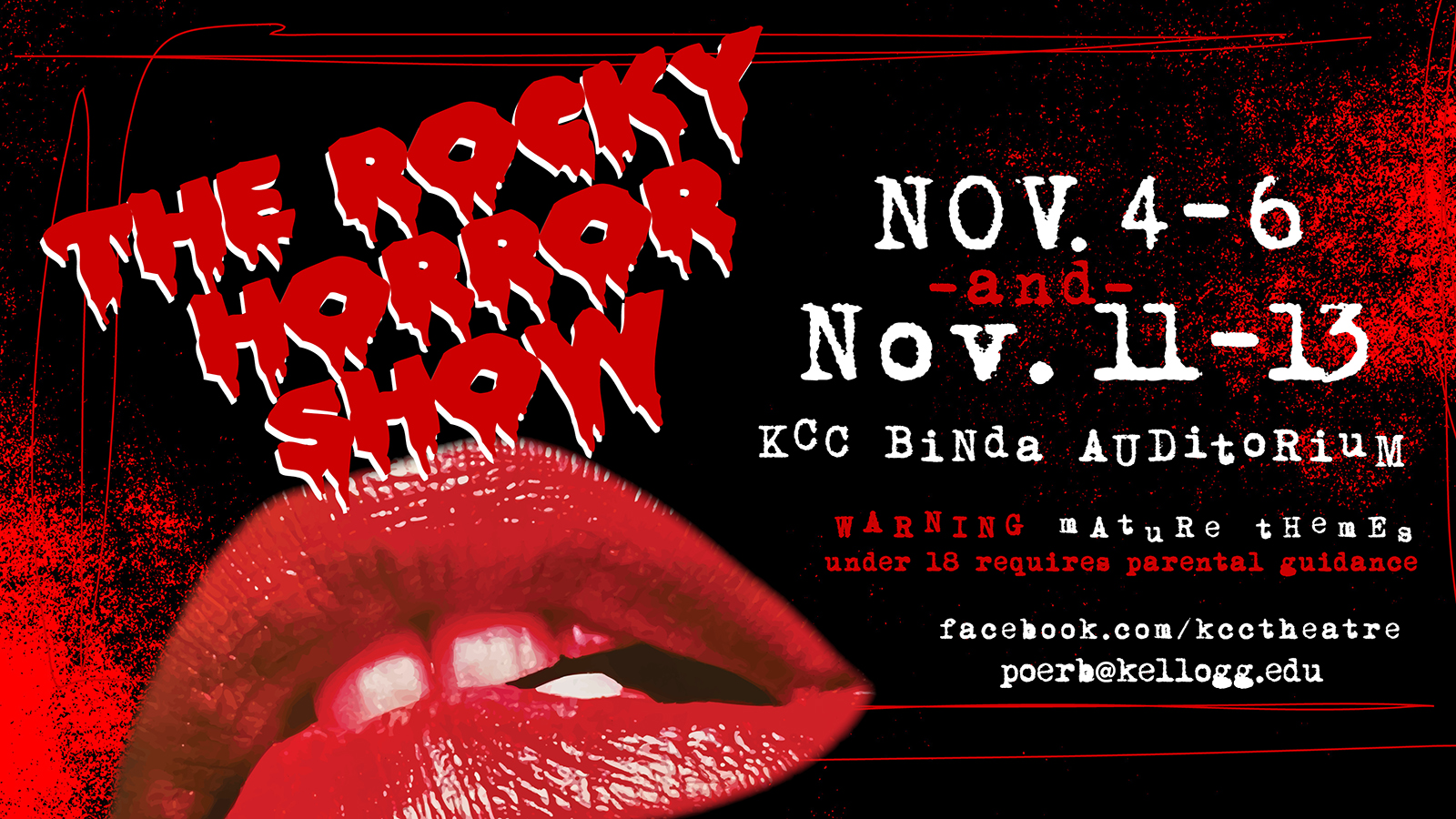 A text slide featuring large red lips and "The Rocky Horror Show" logo.