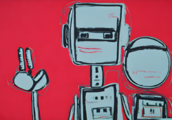 Cartoon-like illustration of two gray robots on a red background, one of them waving.