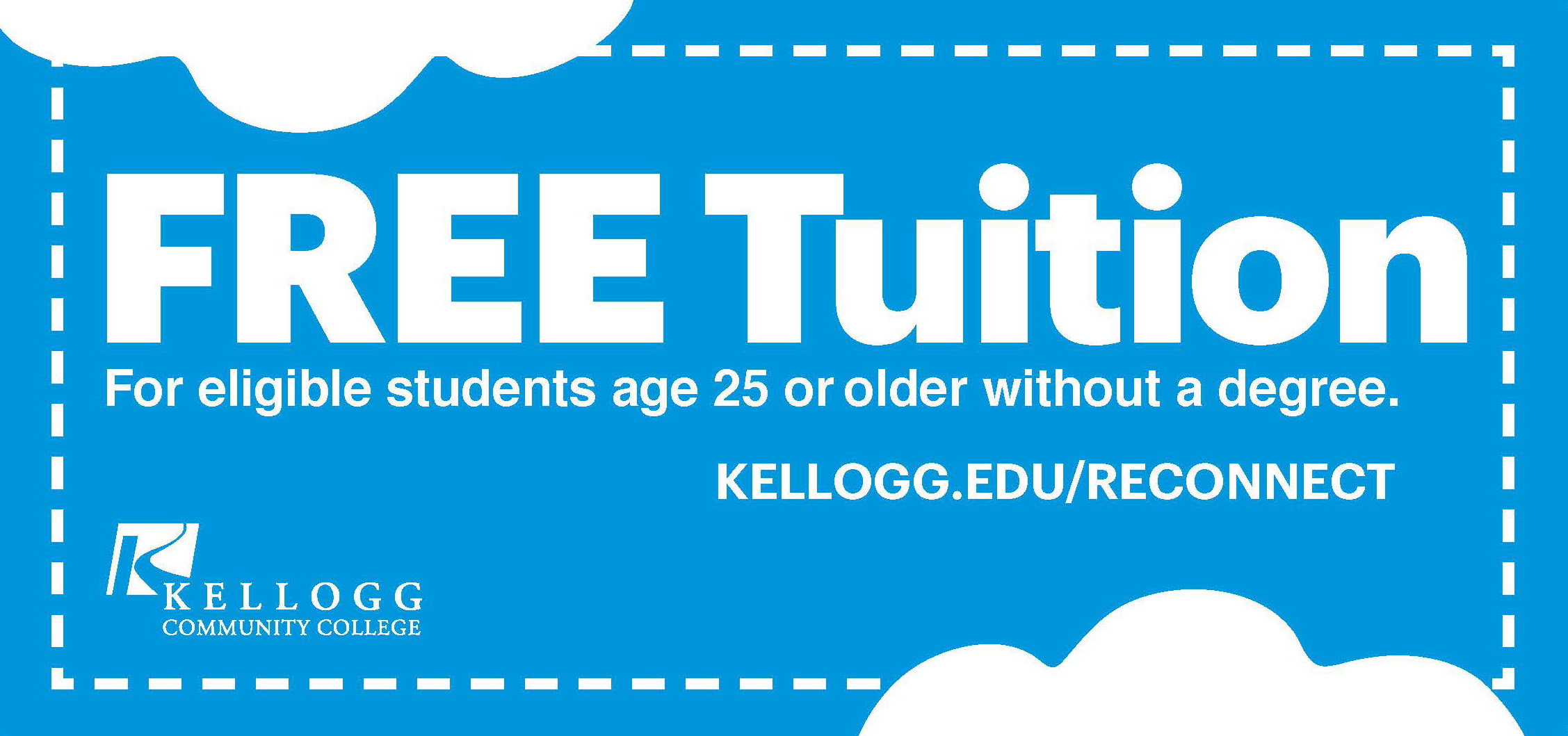 White text on a light blue background that reads, "FREE TUITION for students age 25 or older without a degree."