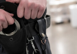 A close up photo of a hand holding handcuffs.