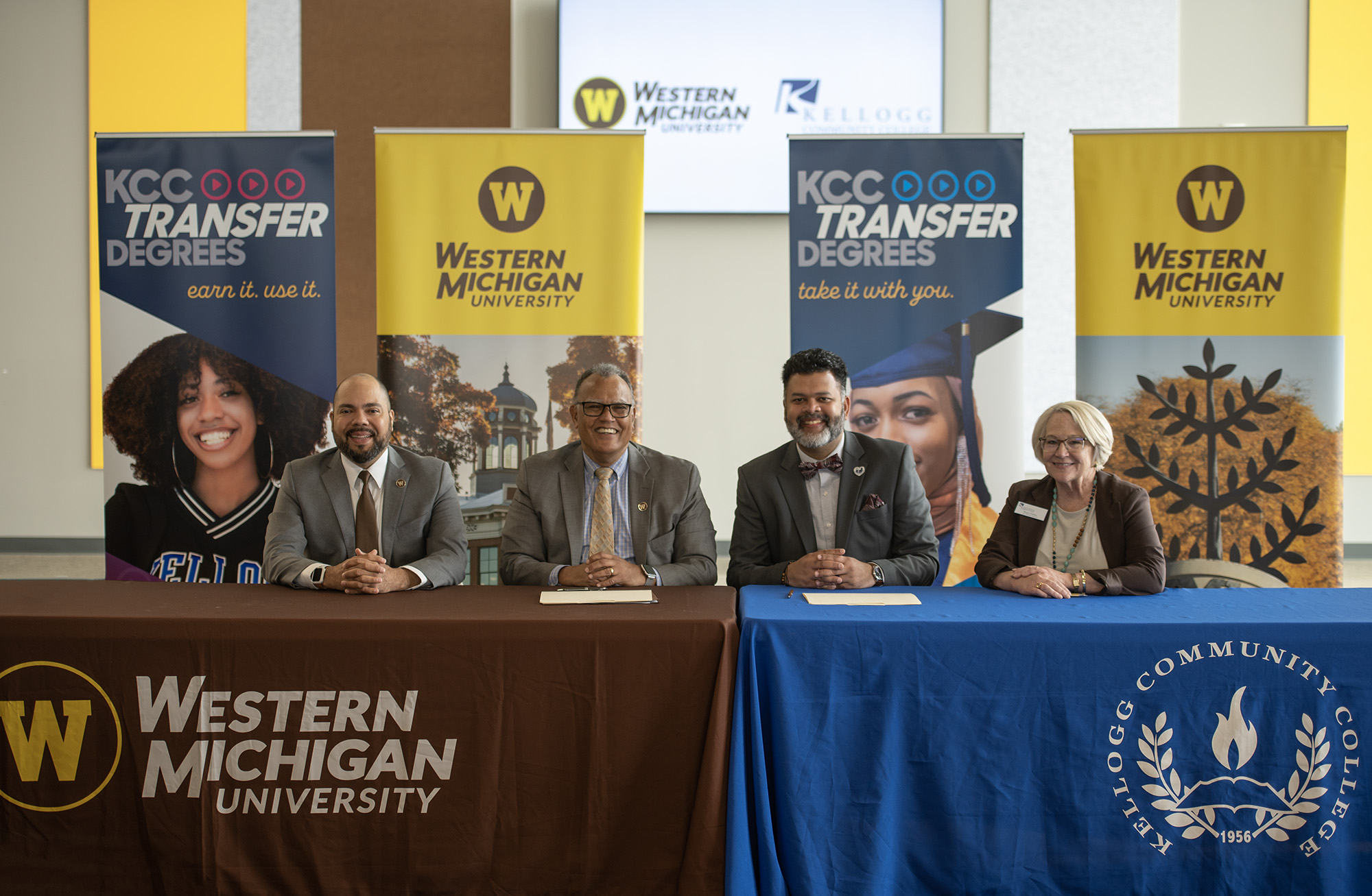 Pictured, from left to right, are WMU Provost and Vice President for Academic Affairs Dr. Julian Vasquez Heilig, WMU President Dr. Edward Montgomery, KCC President Dr. Paul R. Watson II and KCC Vice President for Instruction Tonya Forbes.
