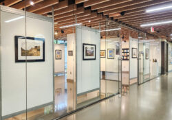 An art exhibit hangs in the DeVries Gallery.