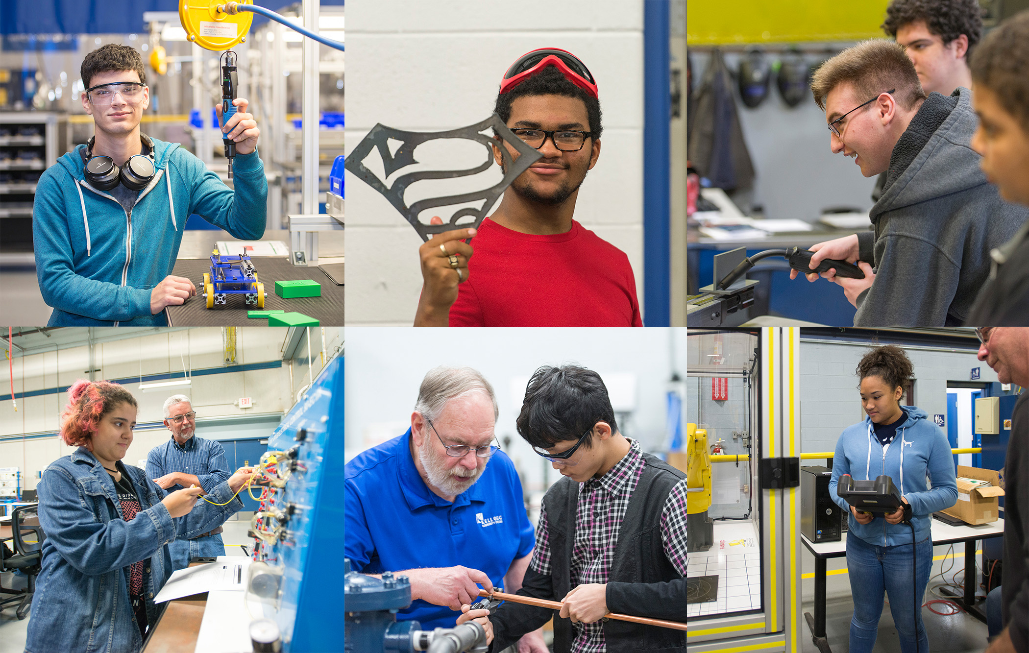 A collage of six photos of youth participating in trades activities.