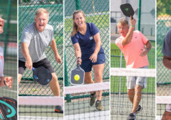 A collage of five photos of pickleball players playing pickleball on KCC's pickleball courts.