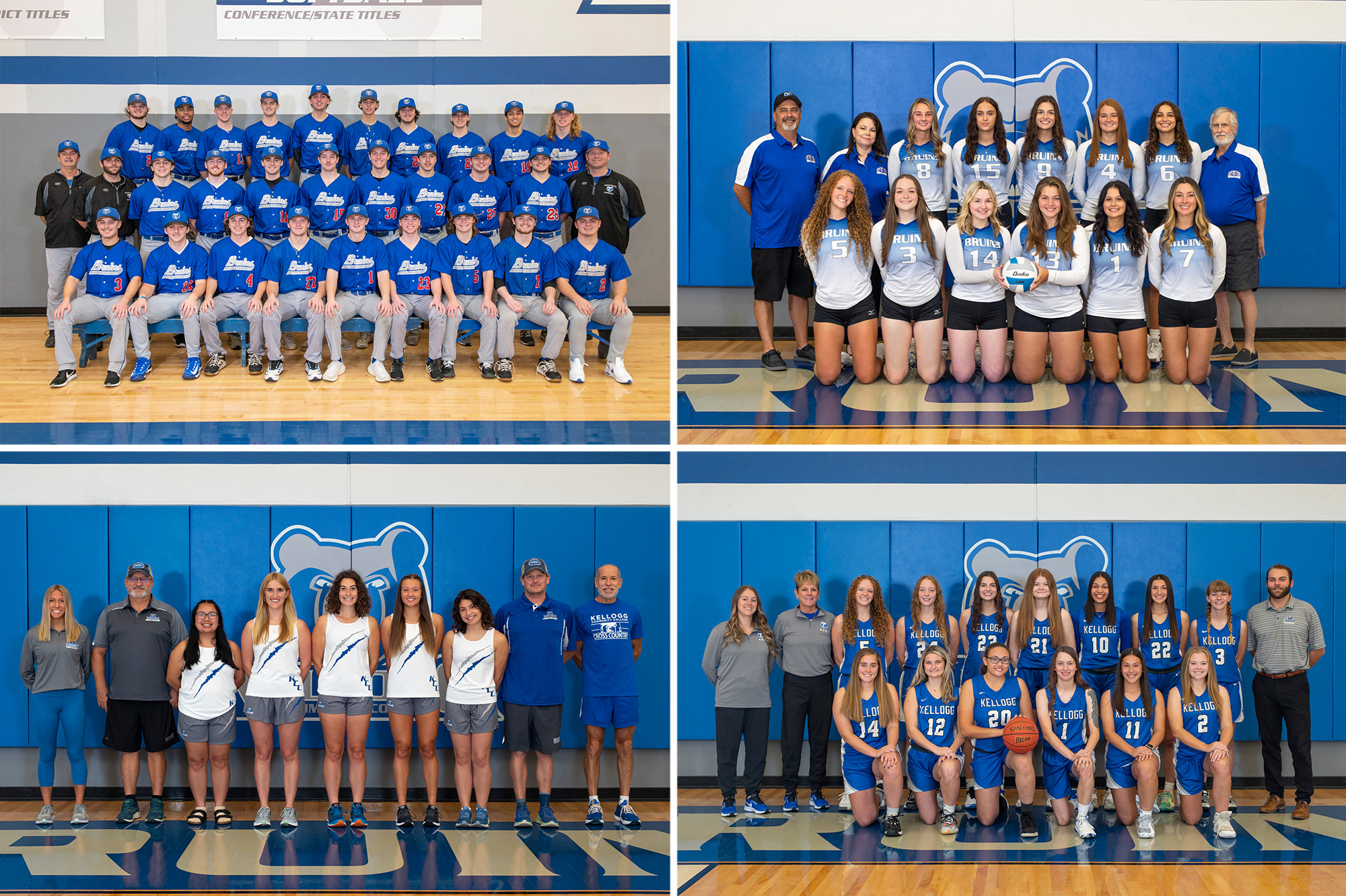 A collage of four photos showing the four teams that won team academic awards: baseball, women's volleyball, women's cross country and women's basketball.