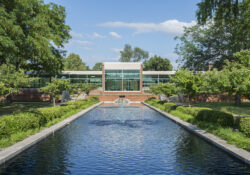 An exterior view of the entrance to KCC's North Avenue campus looking over the reflecting pools.