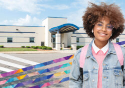 A graphic showing a female student smiling in front of the EAC campus in Albion.