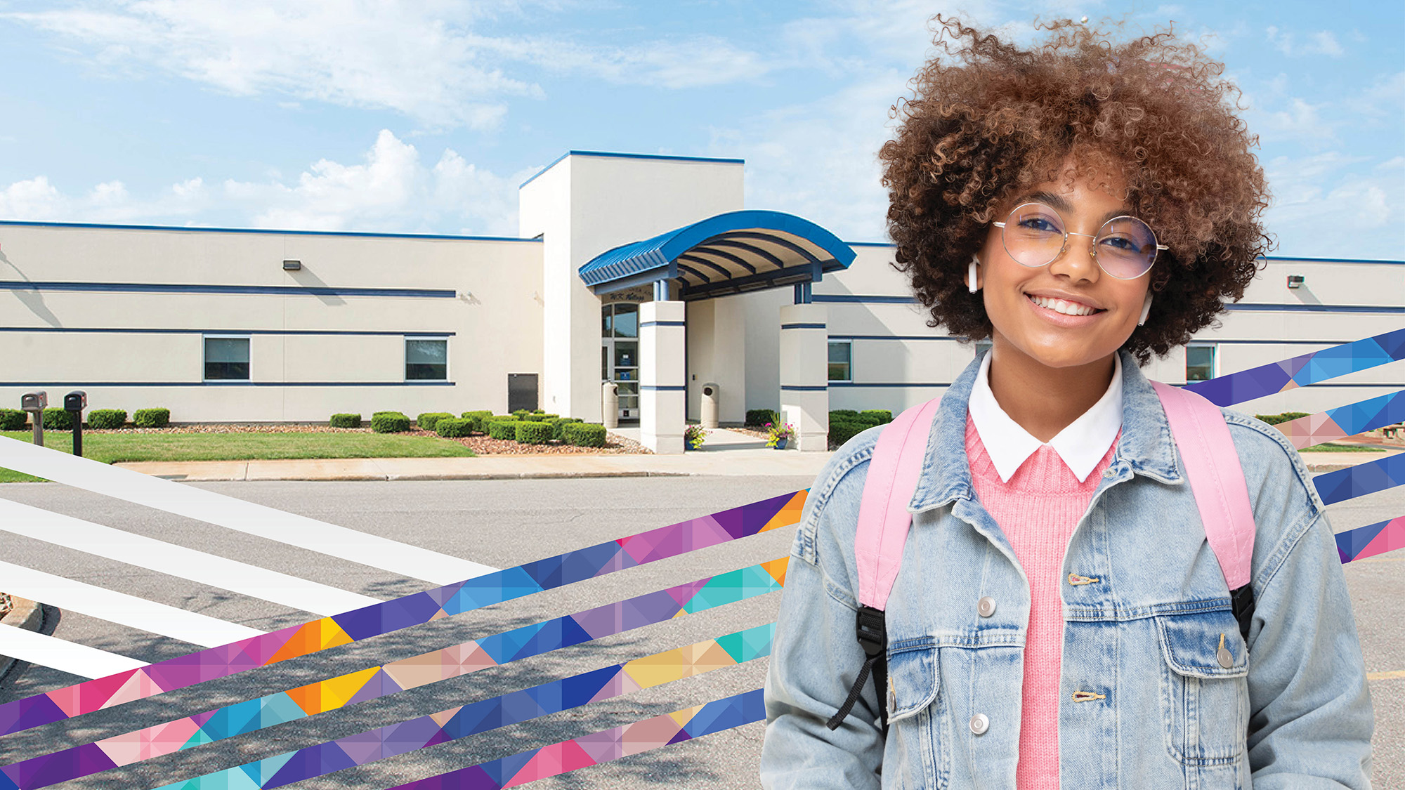 A graphic showing a female student smiling in front of the EAC campus in Albion.