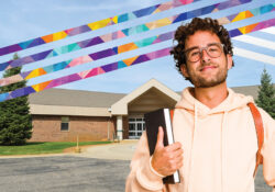 A graphic showing a male student smiling in front of the Fehsenfeld Center campus in Hastings.
