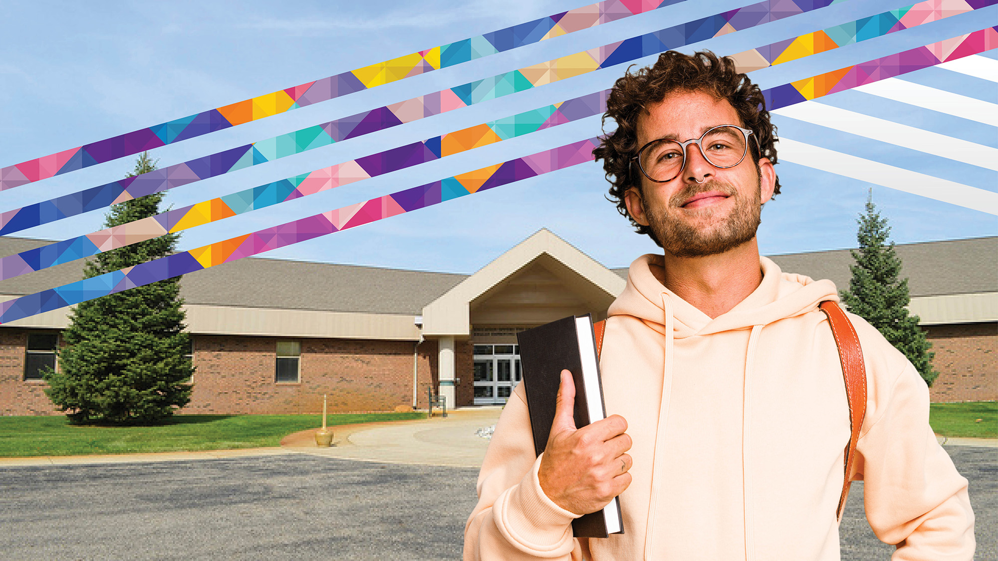 A graphic showing a male student smiling in front of the Fehsenfeld Center campus in Hastings.