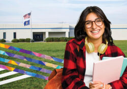 A graphic showing a female student smiling in front of the Grahl Center campus in Coldwater.