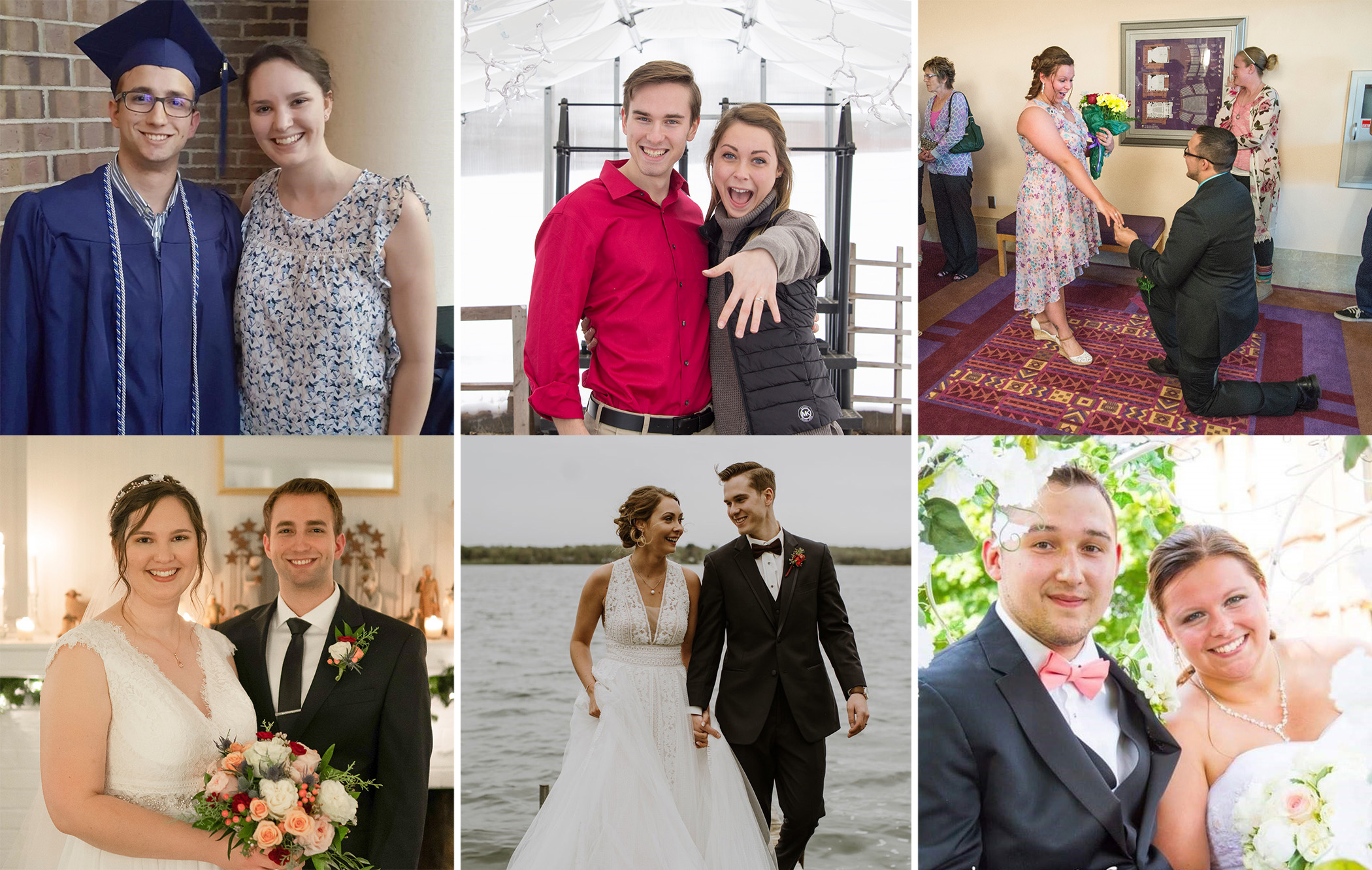 A collage of photos of the couples featured in the article, including a photo of each couple before getting married and after.