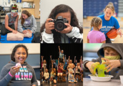 A collage of six photos of youth participating in various summer camp activities.