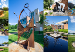 A collage of photos of sculptures on campus.