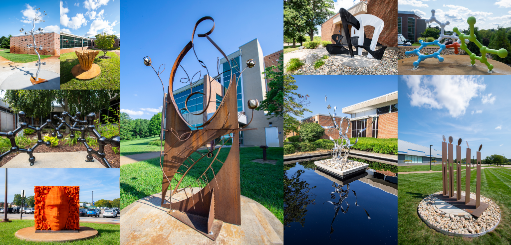 A collage of photos of sculptures on campus.
