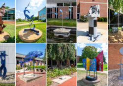 A collage featuring photos of 10 new sculptures on campus.