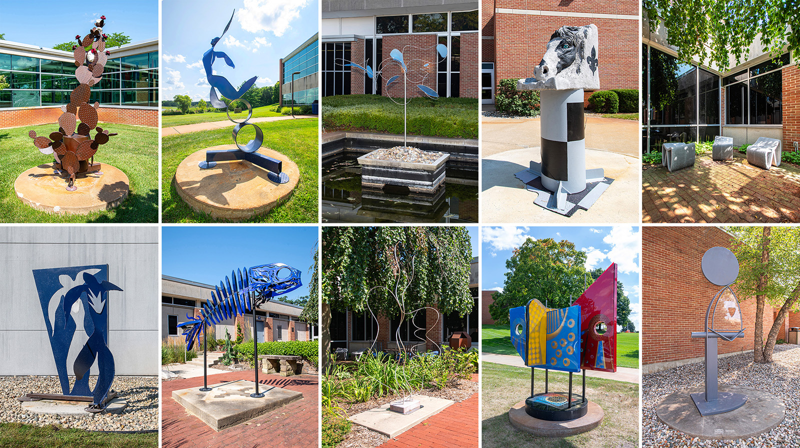 A collage featuring photos of 10 new sculptures on campus.