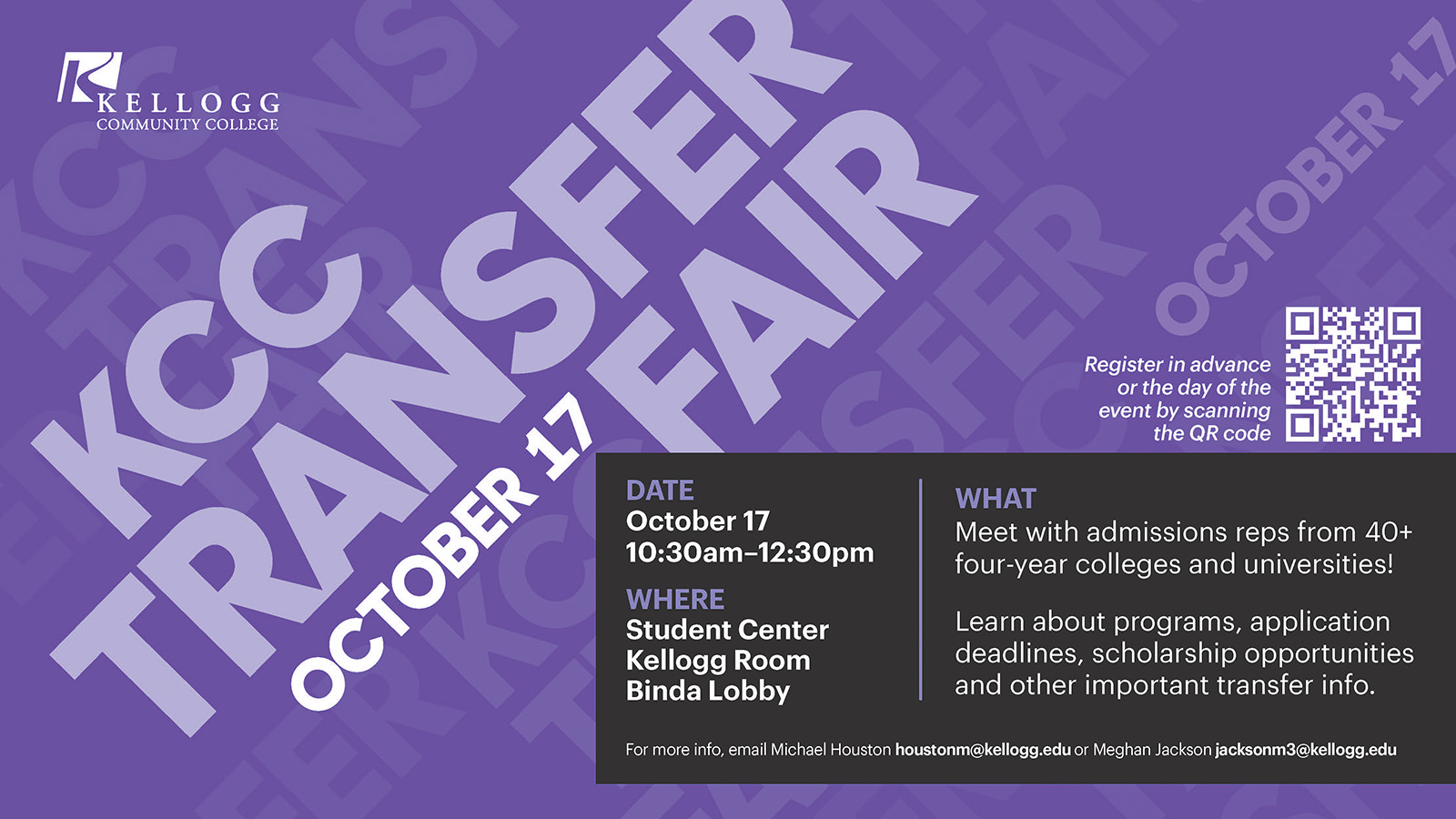 A text slide that reads, "KCC Transfer Fair. 10:30 a.m. to 12:30 p.m. Oct. 17. Student Center, Kellogg Room, Binda Lobby. Meet with admissions reps from 40+ four year colleges and universities! Learn about programs, application deadlines, scholarship opportunities and other important transfer info."