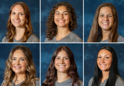 A collage of six photos of the women's volleyball award winners.