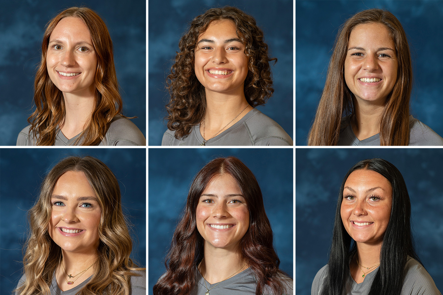 A collage of six photos of the women's volleyball award winners.