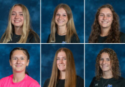 A collage of six photos of the women's soccer award winners.