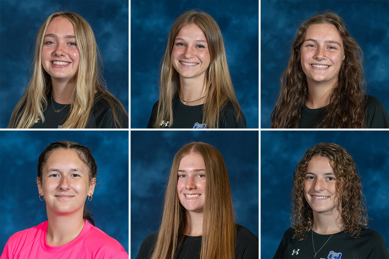 A collage of six photos of the women's soccer award winners.