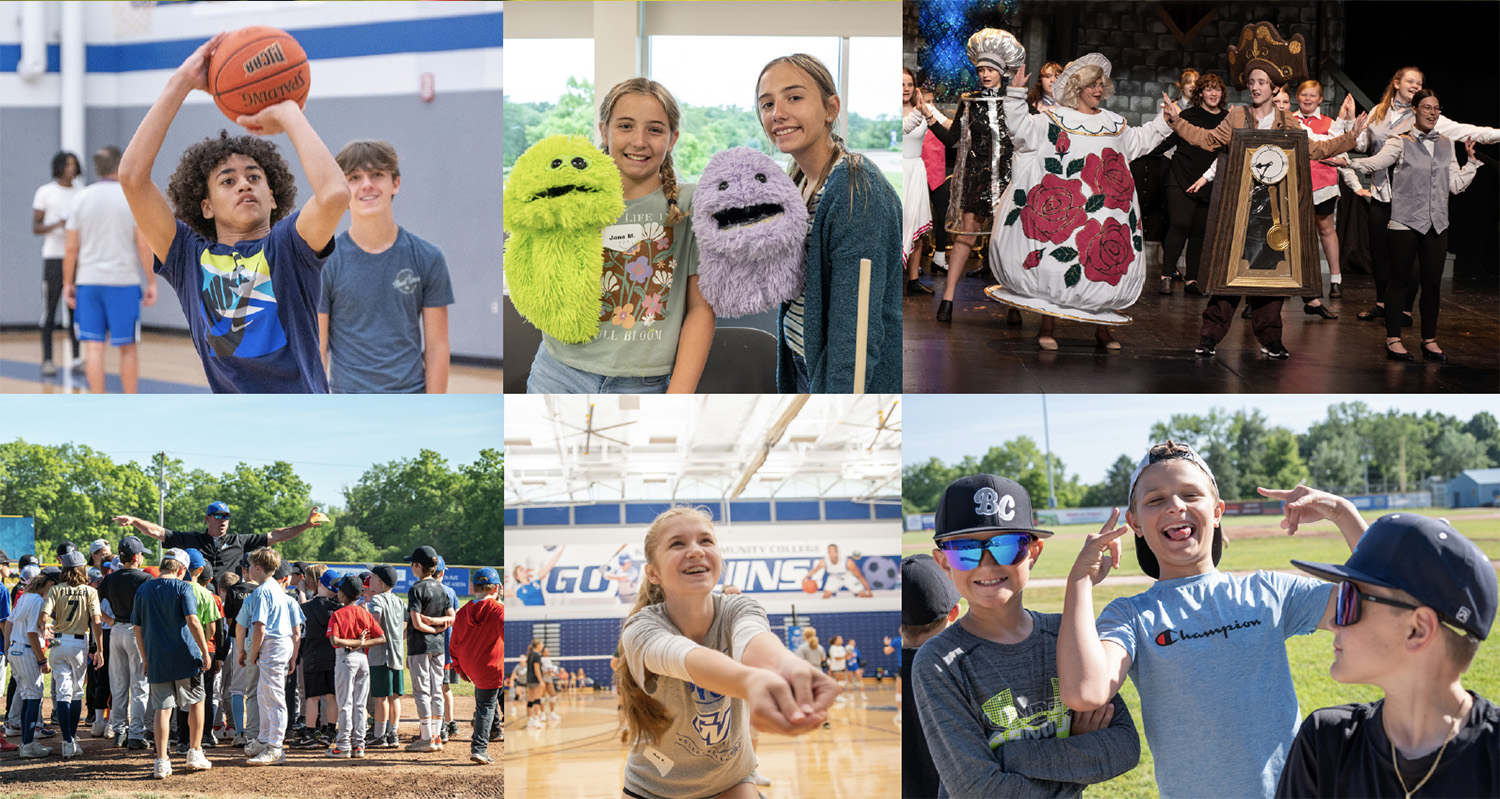 A collage of six photos of Bruin Youth summer campers participating in various camps.