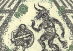 An image of a person with a sword about to fight a minotaur, with the entire image made out of cut-up money.