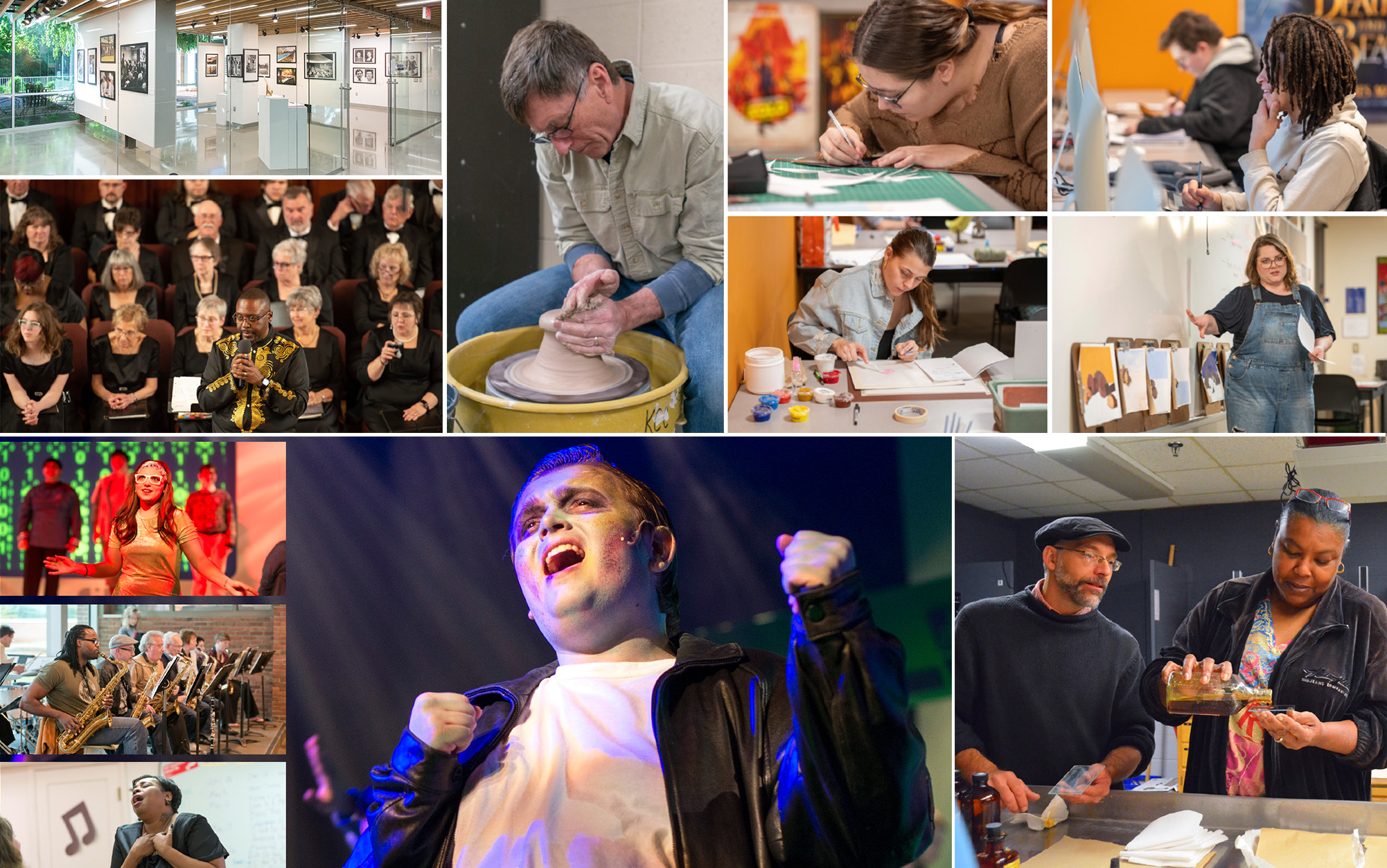 A collage of photos of various arts activities underway at KCC.