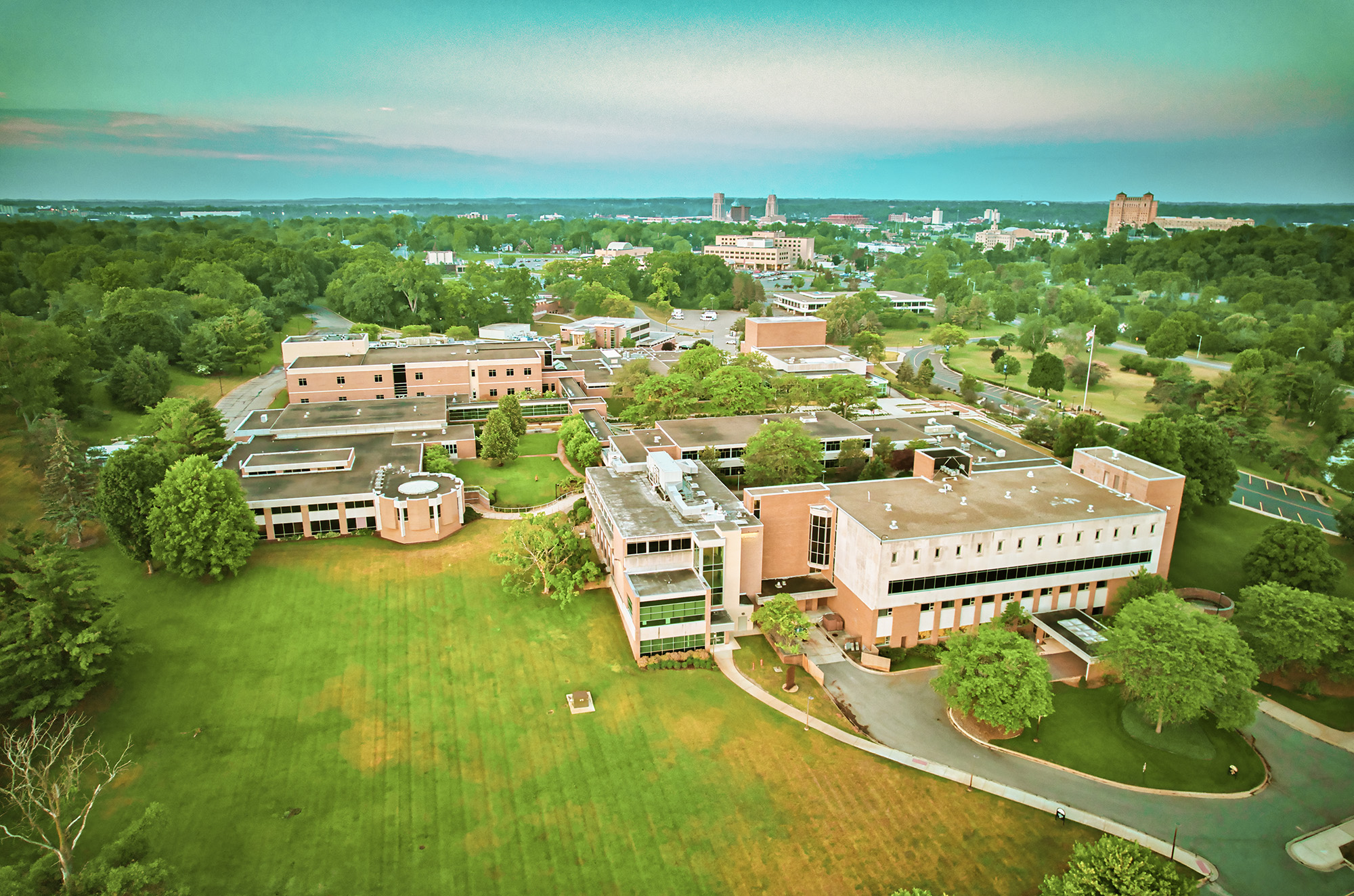 An aerial drone photo of KCC's North Avenue campus in Battle Creek.