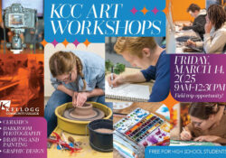 A collage of images of art students participating in various arts disciplines on a postcard with text on it that reads, "KCC Art Workshops. Friday, March 14, 2025. 9 a.m. to 12 p.m. Field trip opportunity! Free for high school students. Ceramics, darkroom photography, drawing and painting, graphic design."