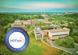 A circular digital badge that reads, "Voted Best of Battle Creek & Calhoun County" over an aerial drone photo of KCC's North Avenue campus in Battle Creek.