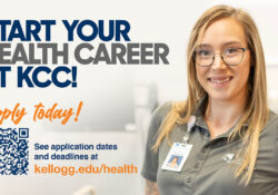 A PTA student pictured on a text slide that reads, "Start your health career at KCC! Apply today! See application dates and deadlines at kellogg.edu/health."