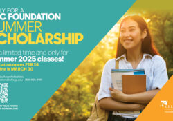 A student smiles on a graphic with text on it that reads, "Apply for a KCC Foundation summer scholarship. For a limited time and only for Summer 2025 classes! Deadline is March 30. kellogg.edu/kccscholarships."