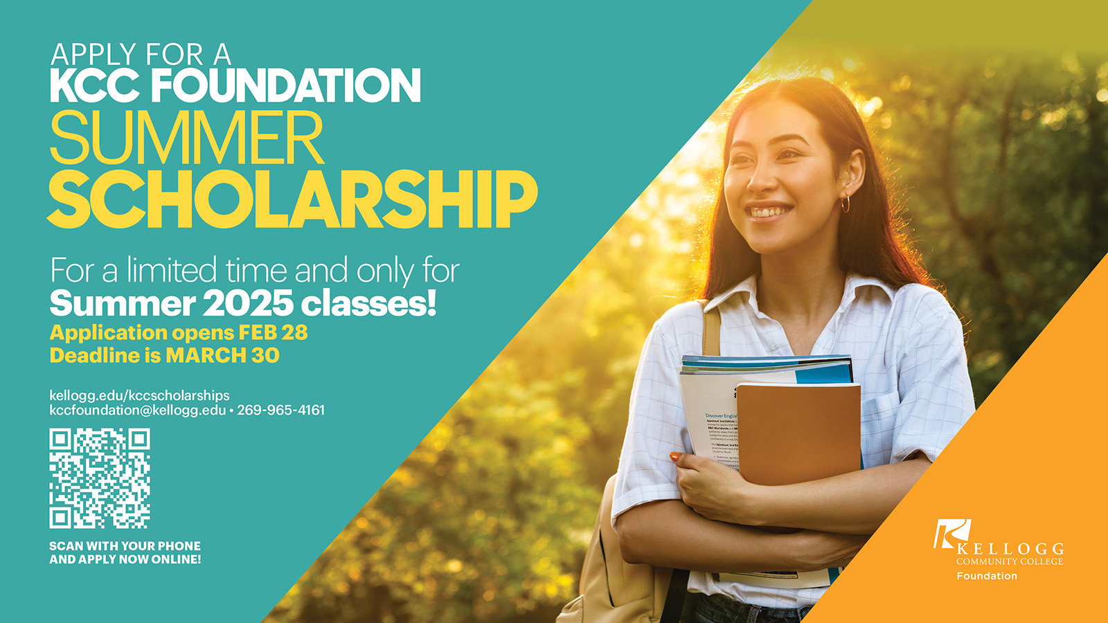 A student smiles on a graphic with text on it that reads, "Apply for a KCC Foundation summer scholarship. For a limited time and only for Summer 2025 classes! Deadline is March 30. kellogg.edu/kccscholarships."