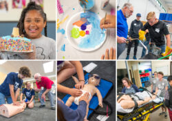 A collage of six photos for youth summer campers participating in a variety of camp activities.