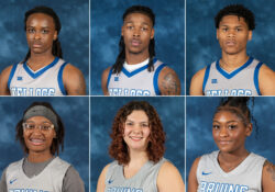 A collage of headshot photos of six postseason KCC basketball award winners.
