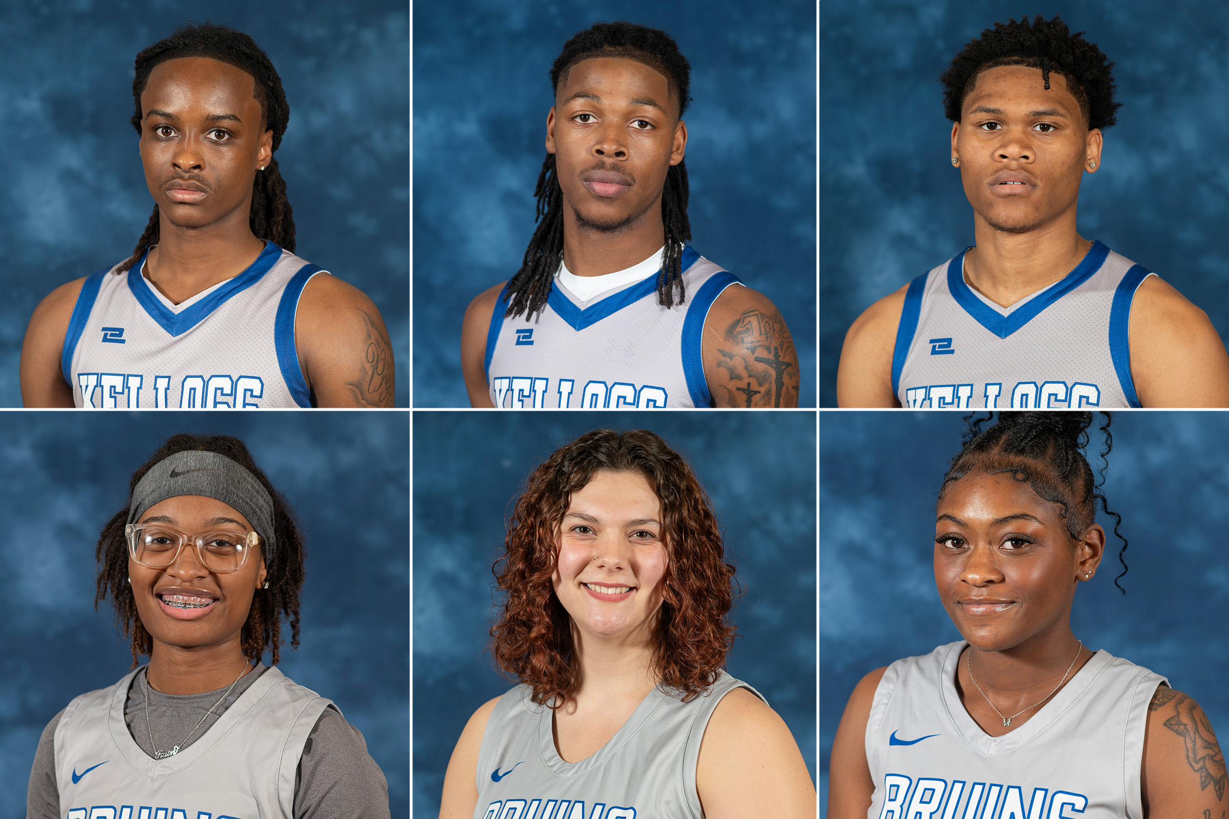A collage of headshot photos of six postseason KCC basketball award winners.