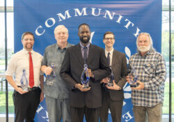 Pictured, from left to right, are 2025 KCC Alumni Award winners Cody Newman, Micheal Holcomb, Joseph Marah, Avery Rose and Rodney Dye, who accepted the award on behalf of his late friend Thomas Watson.