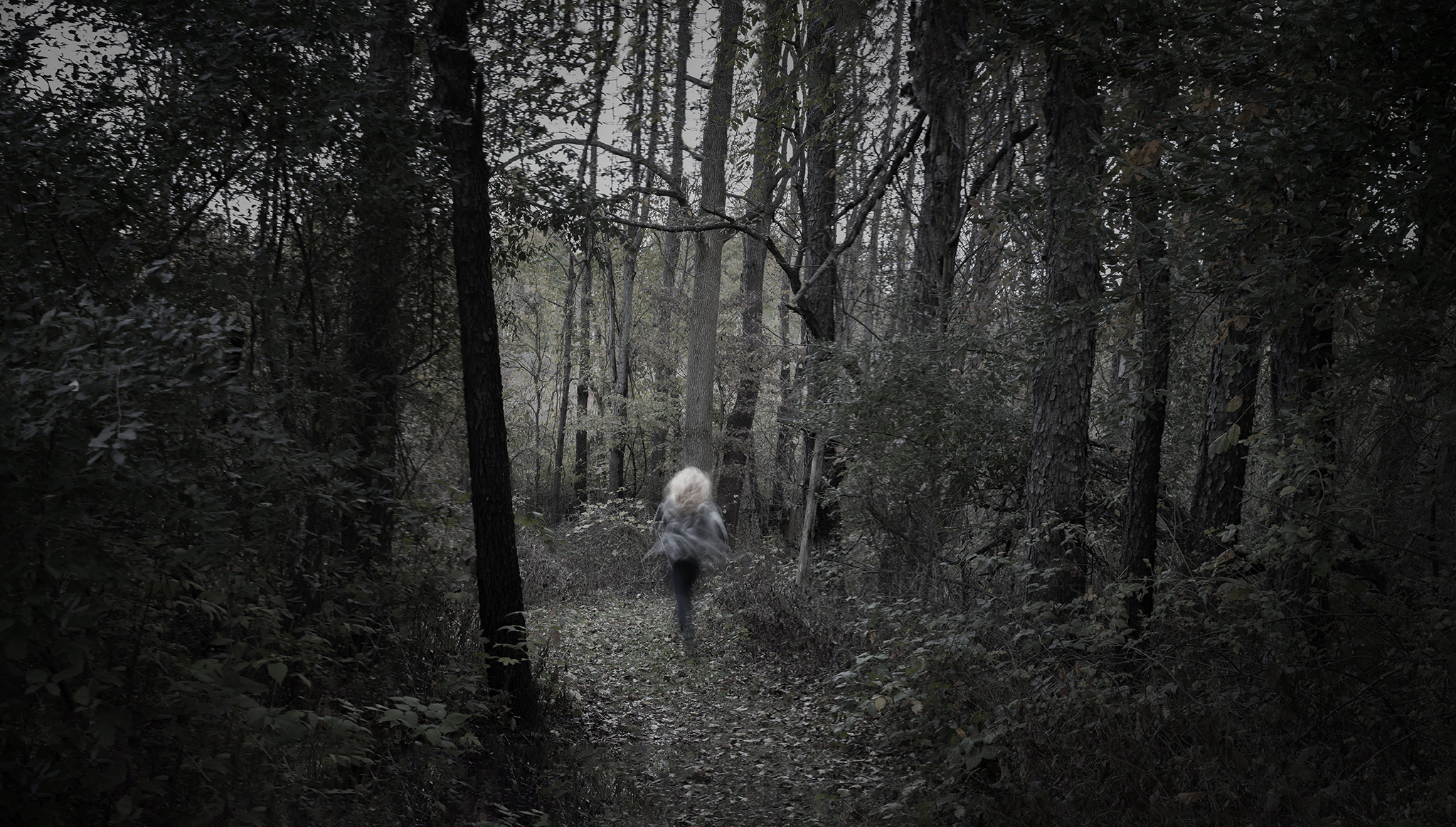 A photograph of a person in the woods. The Best in Show winner titled "Out of the Dark" by Rayna Crane.