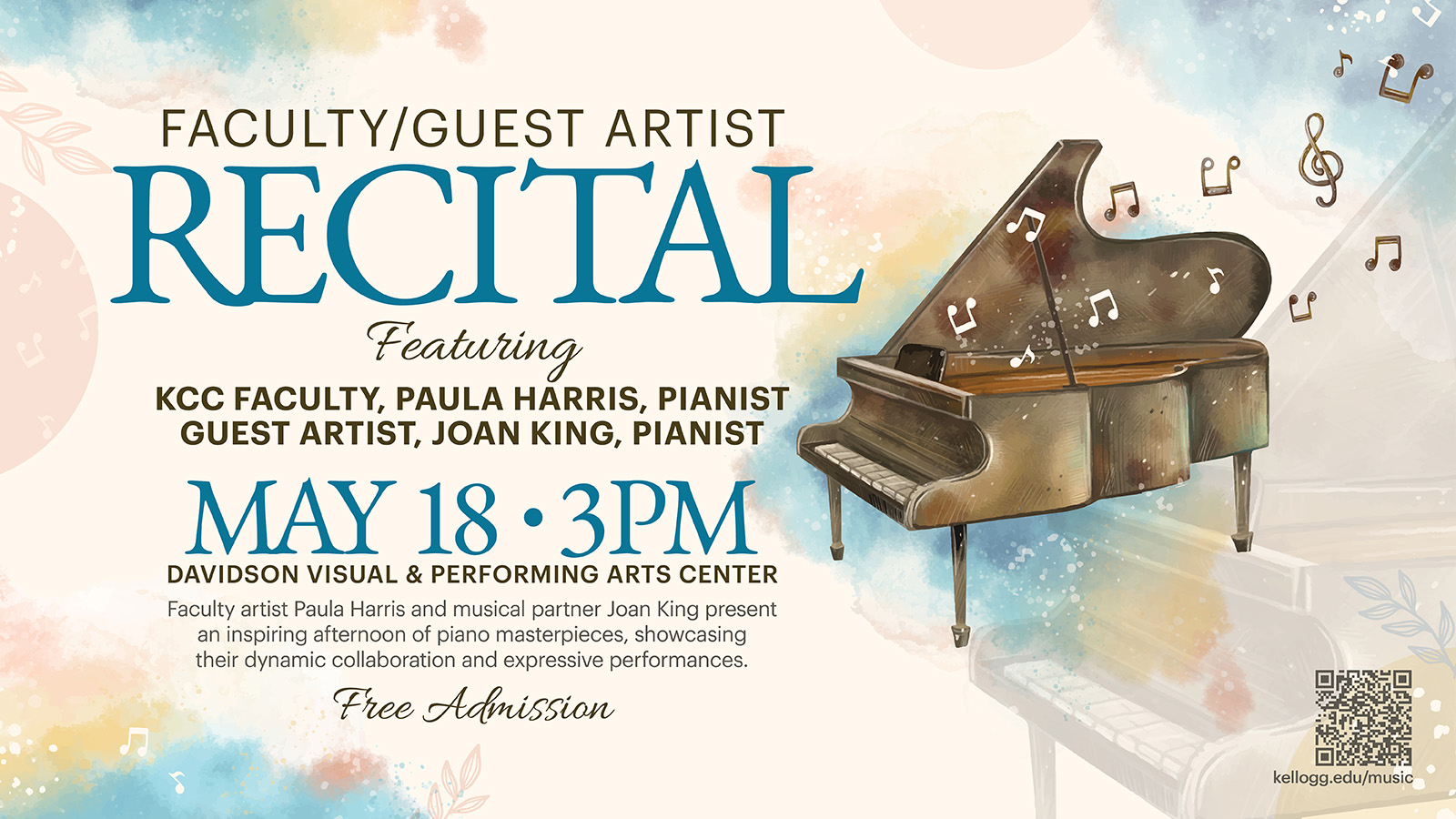Illustration of a piano on a stylized graphic with text that reads, "Faculty/Guest Artist Recital featuring KCC faculty Paula Harris, pianist, and guest artist Joan King, pianist, at 3 p.m. May 18 at the Davidson Visual and Performing Arts Center. Harris and King present an inspiring afternoon of piano masterpieces, showcasing their dynamic collaboration and expressive performances. Free admission."